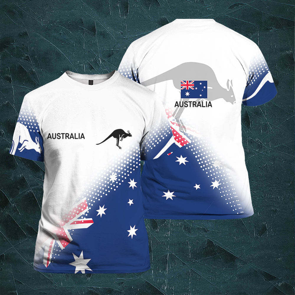 Australian Flag Kangaroo Print Unisex O-Neck Short Sleeve T-Shirt Summer Breathable Cotton Blend Streetwear Top（6XL）| Other styles Available in Store