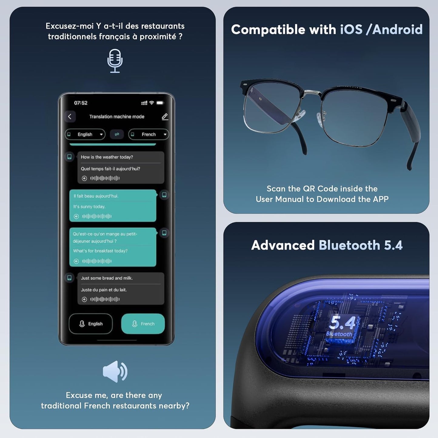 AI Smart Translation Glasses: 110+ Languages, Photochromic Lenses, Bluetooth – Ideal for Travel, Business & Daily Use（black） - Image 6
