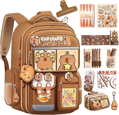 Cute Capybara Backpack with Chic Case and More Pins Ita Bag Cartoon Laptop Travel Utility Funny Going Out Casual Bag(Khaki) - Image 2