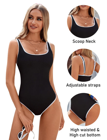 Women's Black One Piece Swimsuit with White Trim: Adjustable Strap, Ribbed, High Cut for Sports & Beach（S） - Image 3