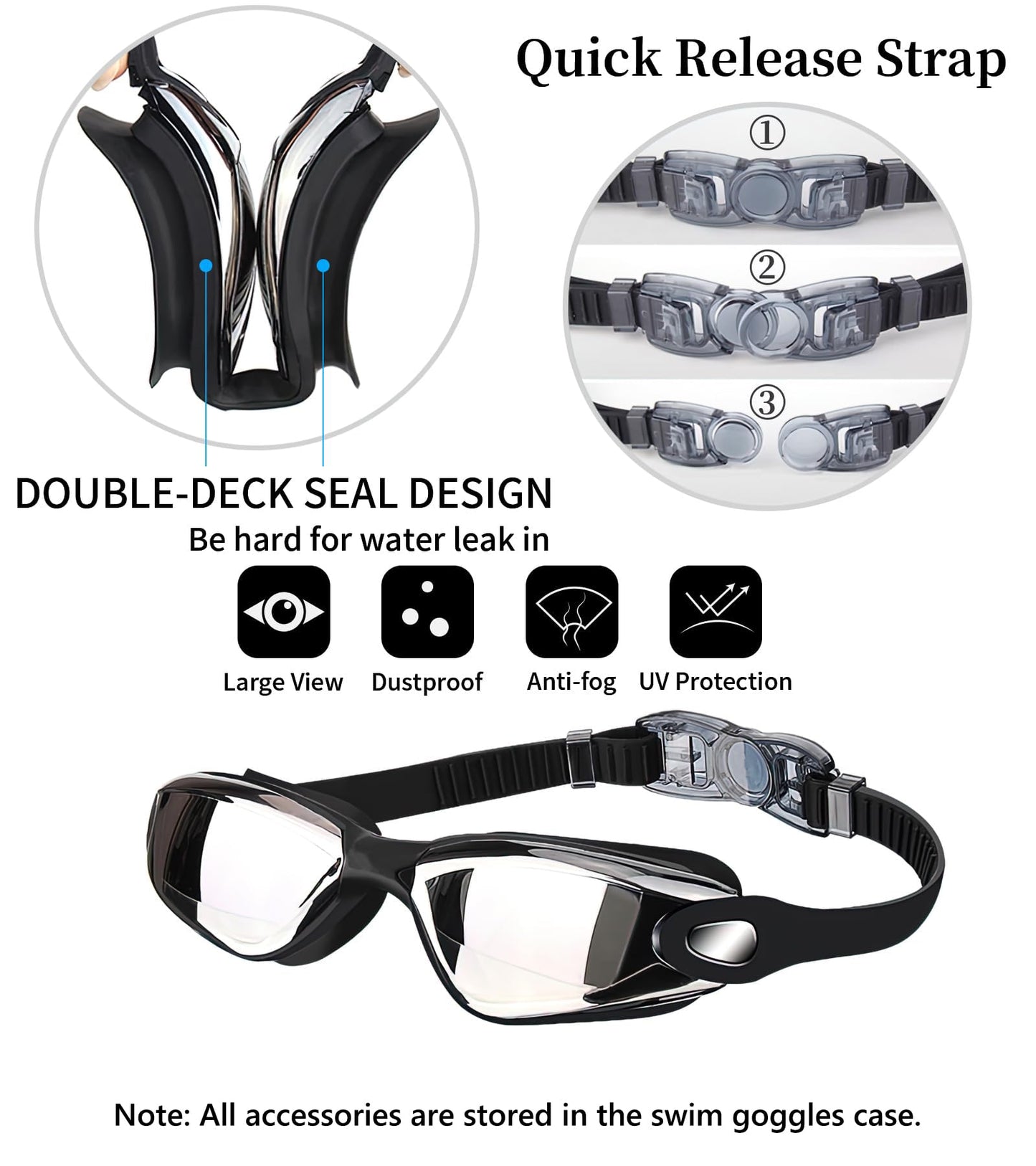 Black Swim Goggles Set with Cap, Nose Clip, Earplugs & Case: Anti-Fog UV Protection for Men & Women - Image 2