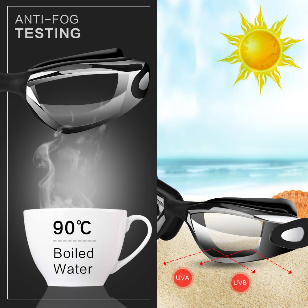 Black Swim Goggles Set with Cap, Nose Clip, Earplugs & Case: Anti-Fog UV Protection for Men & Women - Image 4