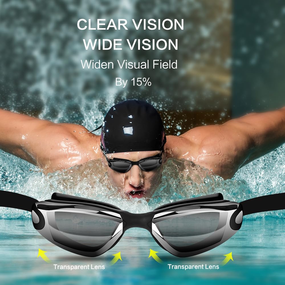 Black Swim Goggles Set with Cap, Nose Clip, Earplugs & Case: Anti-Fog UV Protection for Men & Women - Image 7