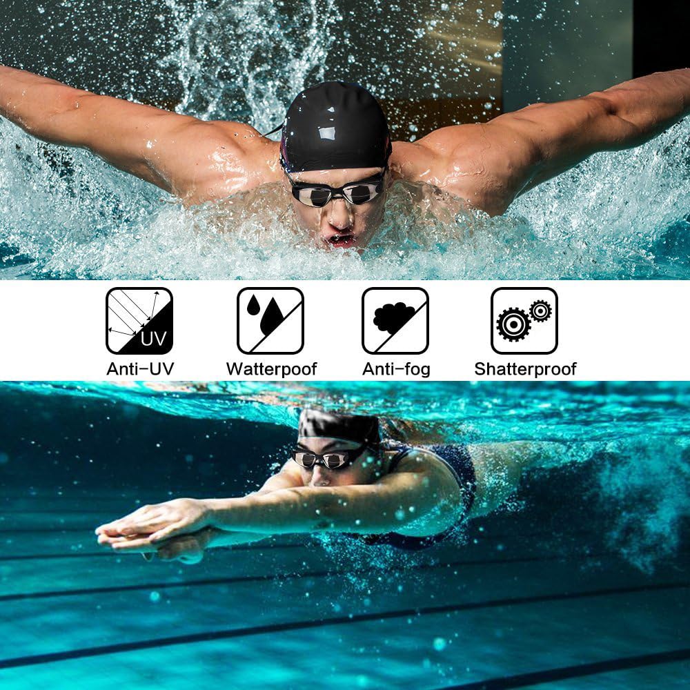 Black Swim Goggles Set with Cap, Nose Clip, Earplugs & Case: Anti-Fog UV Protection for Men & Women - Image 9