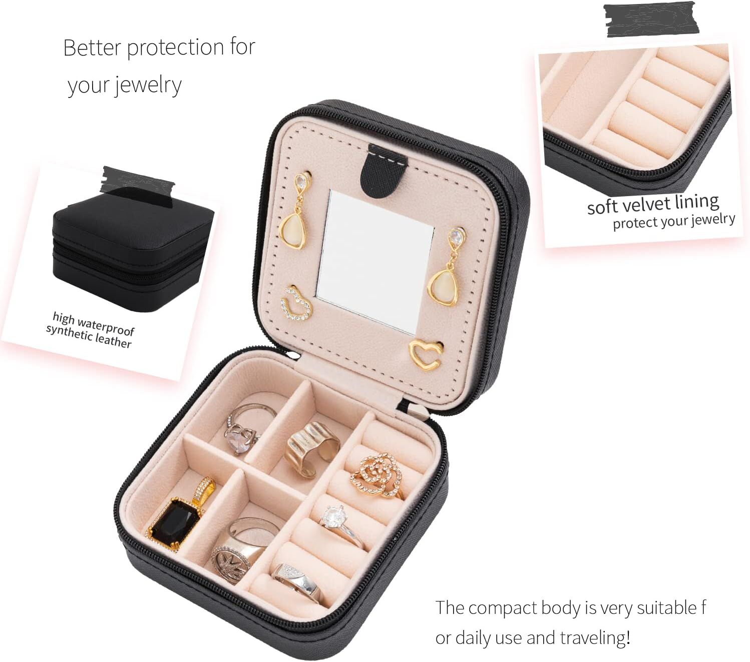 Black Travel Jewelry Box with Mirror: Sleek, Organised Storage for Rings, Necklaces & Earrings, Ideal for Aussies - Image 4
