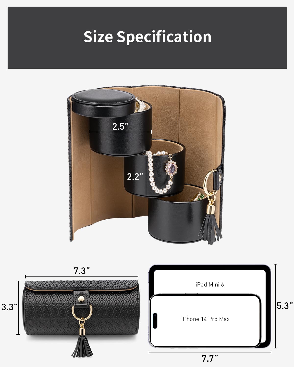 Black Travel Jewelry Case: 3-Layer PU Cylinder Organizer for Necklaces, Earrings, Gifts for Travelers & Jewelry Lovers - Image 4