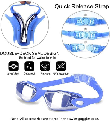 Blue Swim Goggles Set with Cap, Nose Clip, Earplugs & Case: Anti-Fog UV Protection for Men & Women - Image 3