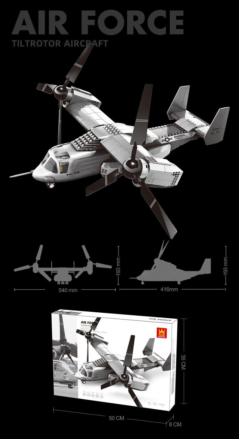 Christmas gift US Osprey Tiltrotor Aircraft Building Blocks Set, 460 Pieces Military Transport Model Kit for Kids Aged 6+ & Enthusiasts（Osprey tiltrotor aircraft） - Image 3