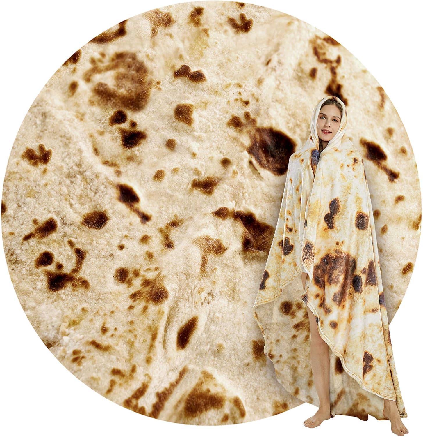 Burritos Tortilla Throw Blanket (Brown), Novelty Funny Round Blanket for Kids & Adults, Soft Flannel Tortilla Wrap Blanket（47",Baby）