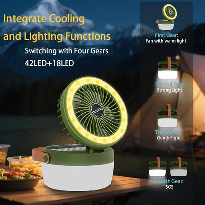 Camping Light with Fan, Portable Hanging Lamp for Tent, IPX4 Waterproof, 4 Mode Light Camping Lantern and 3 -Speed Quiet Fan,USB & Auxiliary Solar Charging，for Camping/College Dorm (Army Green) - Image 2