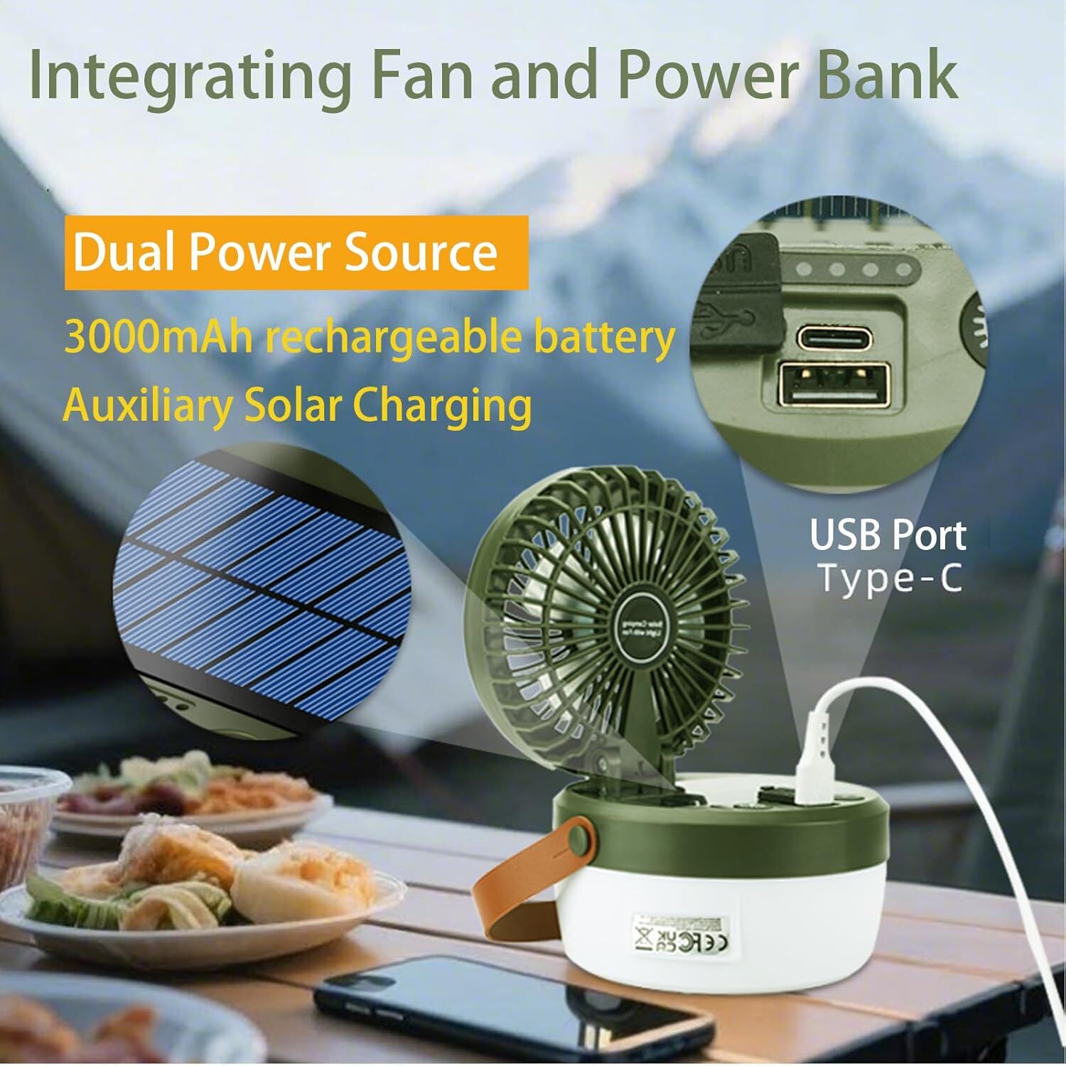 Camping Light with Fan, Portable Hanging Lamp for Tent, IPX4 Waterproof, 4 Mode Light Camping Lantern and 3 -Speed Quiet Fan,USB & Auxiliary Solar Charging，for Camping/College Dorm (Army Green) - Image 3