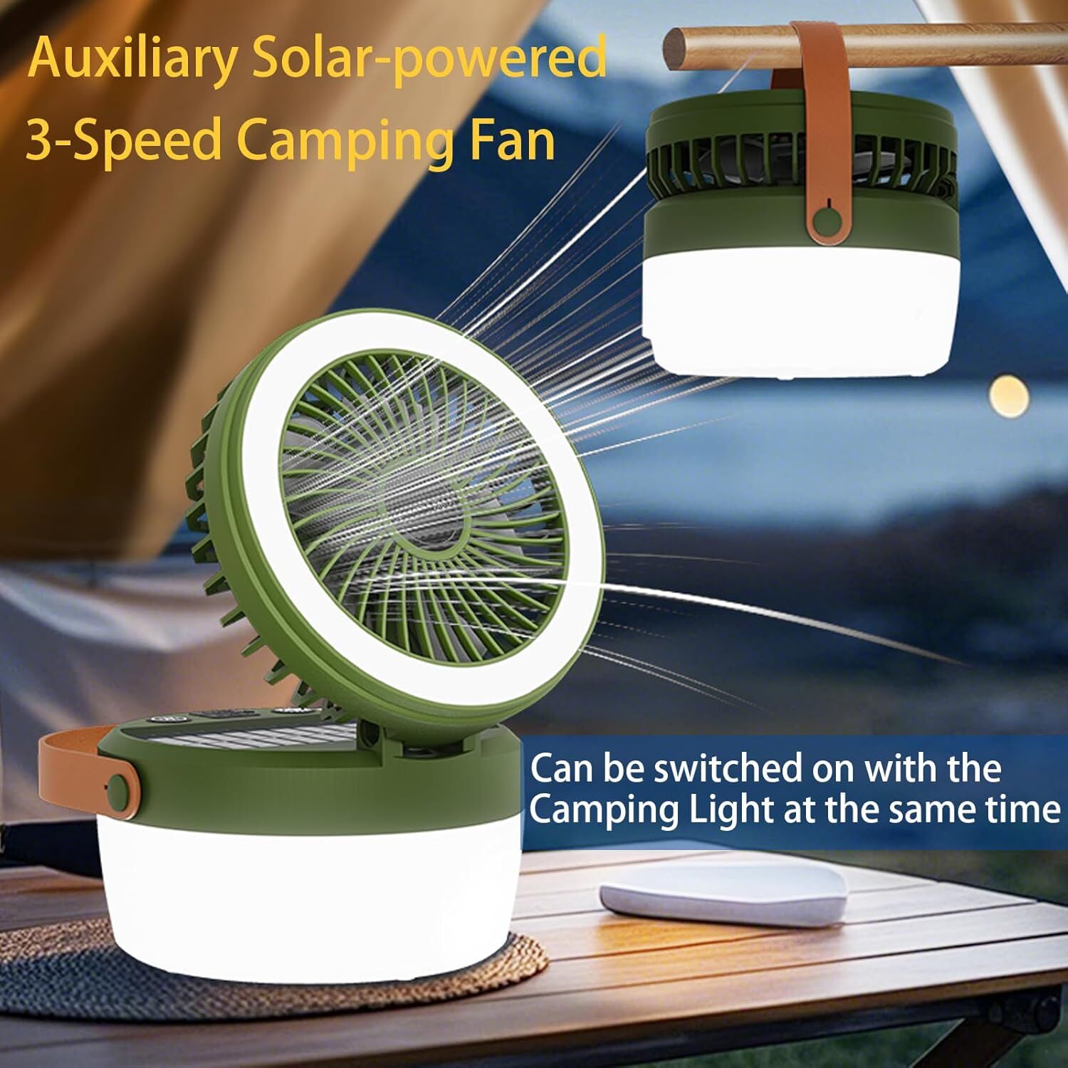 Camping Light with Fan, Portable Hanging Lamp for Tent, IPX4 Waterproof, 4 Mode Light Camping Lantern and 3 -Speed Quiet Fan,USB & Auxiliary Solar Charging，for Camping/College Dorm (Army Green) - Image 5