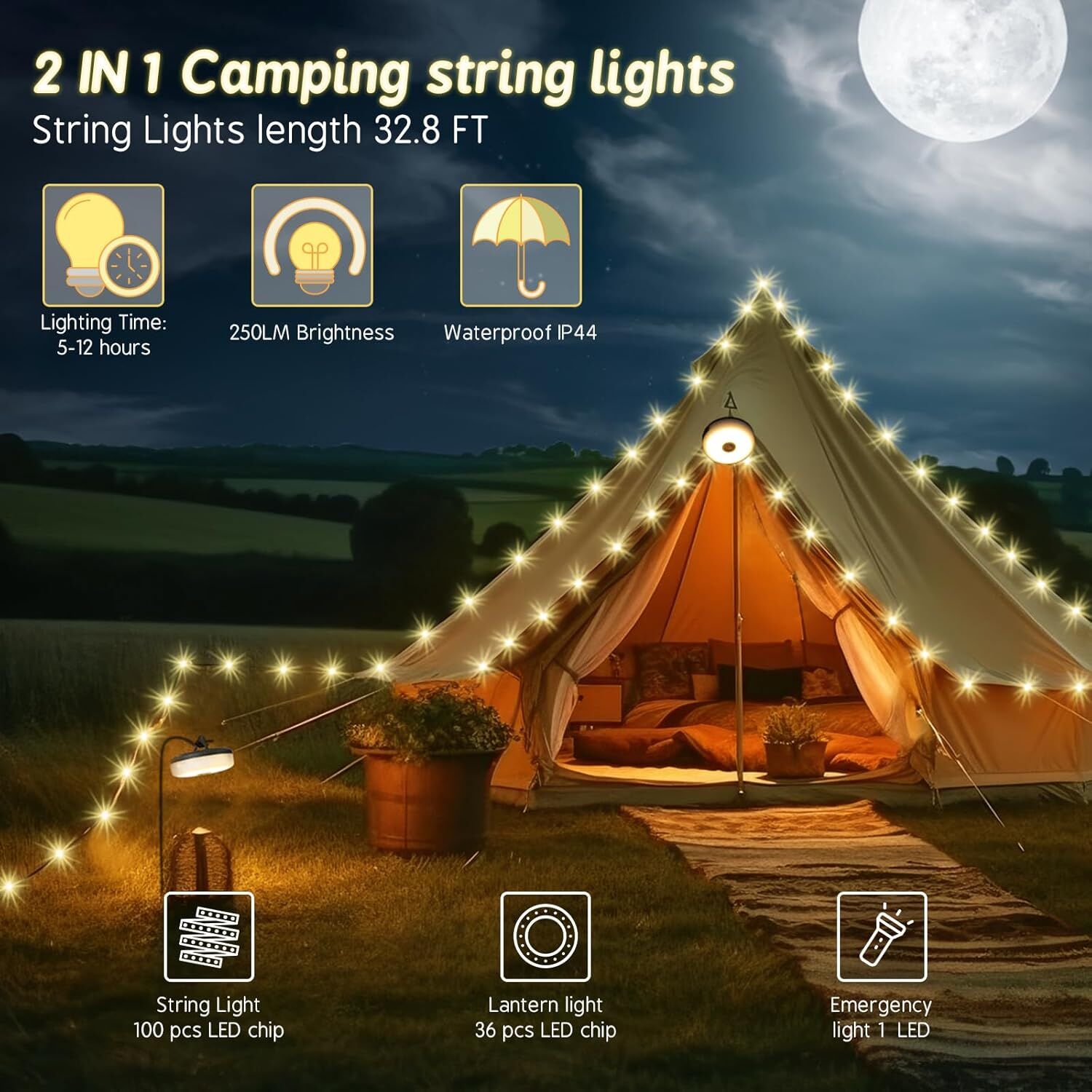 Solar Camping String Lights: 5-Mode IPX4 Waterproof USB/Solar Powered 2-in-1 for Outdoor Tents, Hiking & Party Decor - Image 3