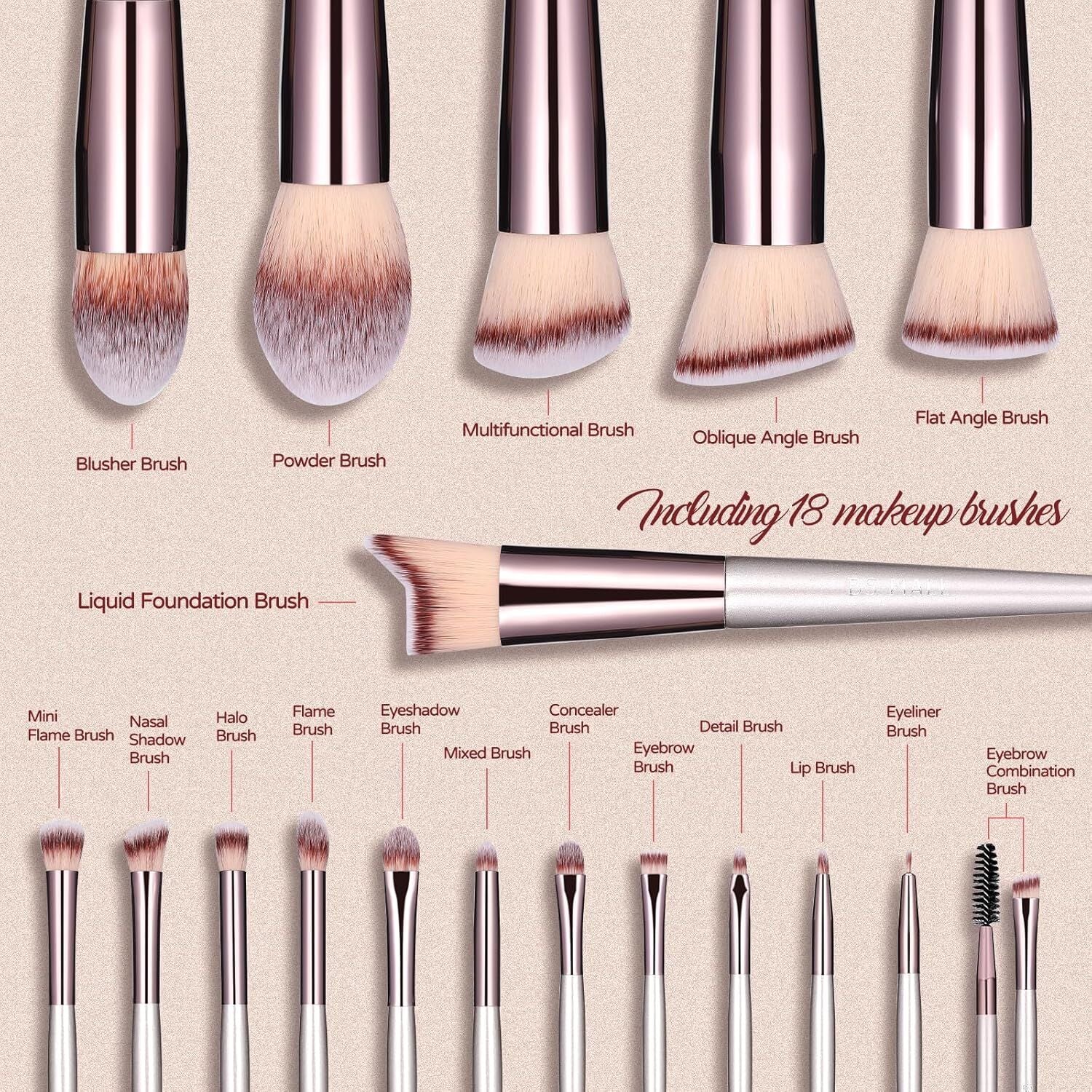 Champagne Gold Makeup Brush Set (18-Piece): Professional, Cruelty-Free for Foundation, Blush & Eyeshadow, Ideal for Aussies - Image 2