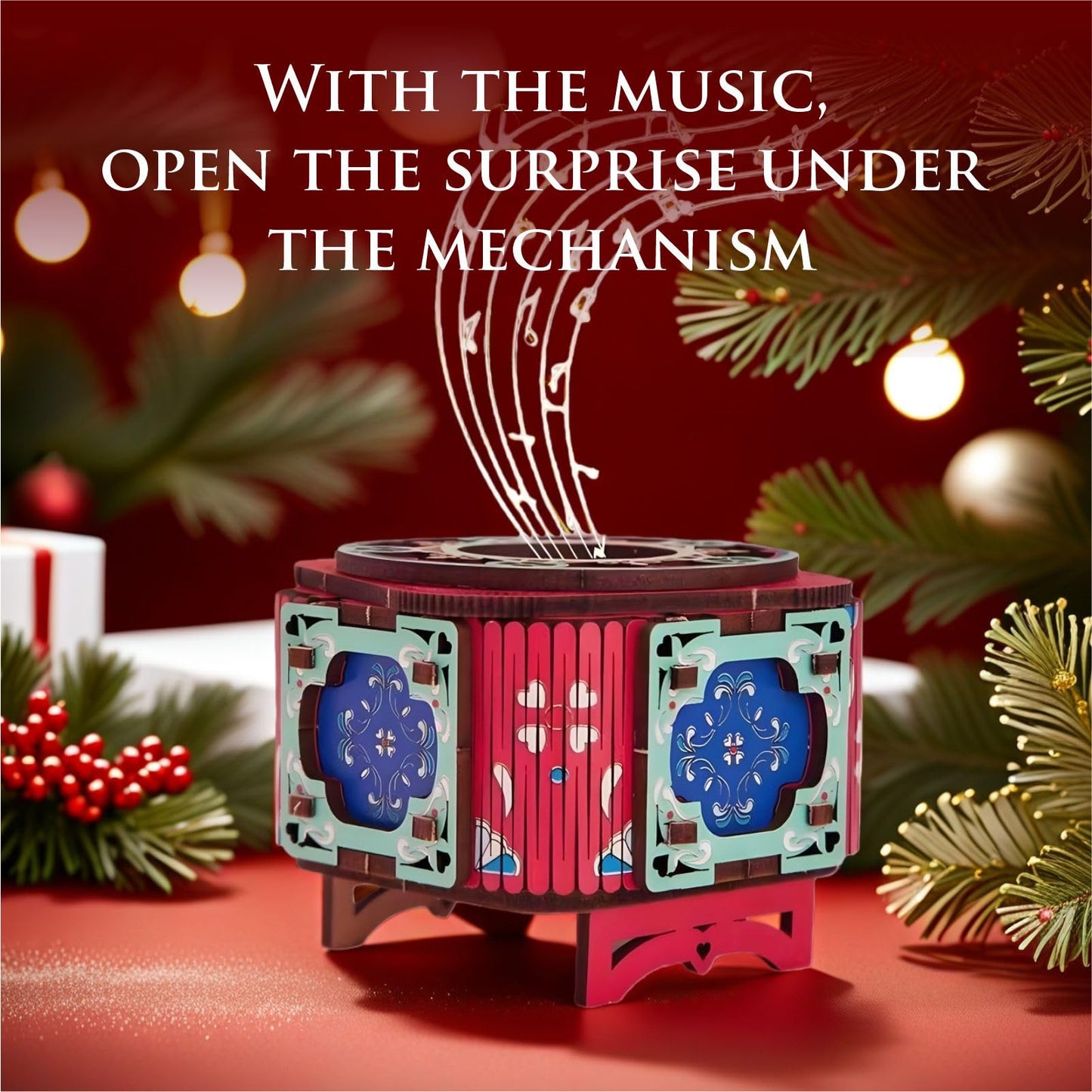 3D Wooden Music Box with LED Light – DIY Mechanical Puzzle Kit, Handcrafted Jewelry Storage, Romantic Gift for Her or Him (Red) - Image 4