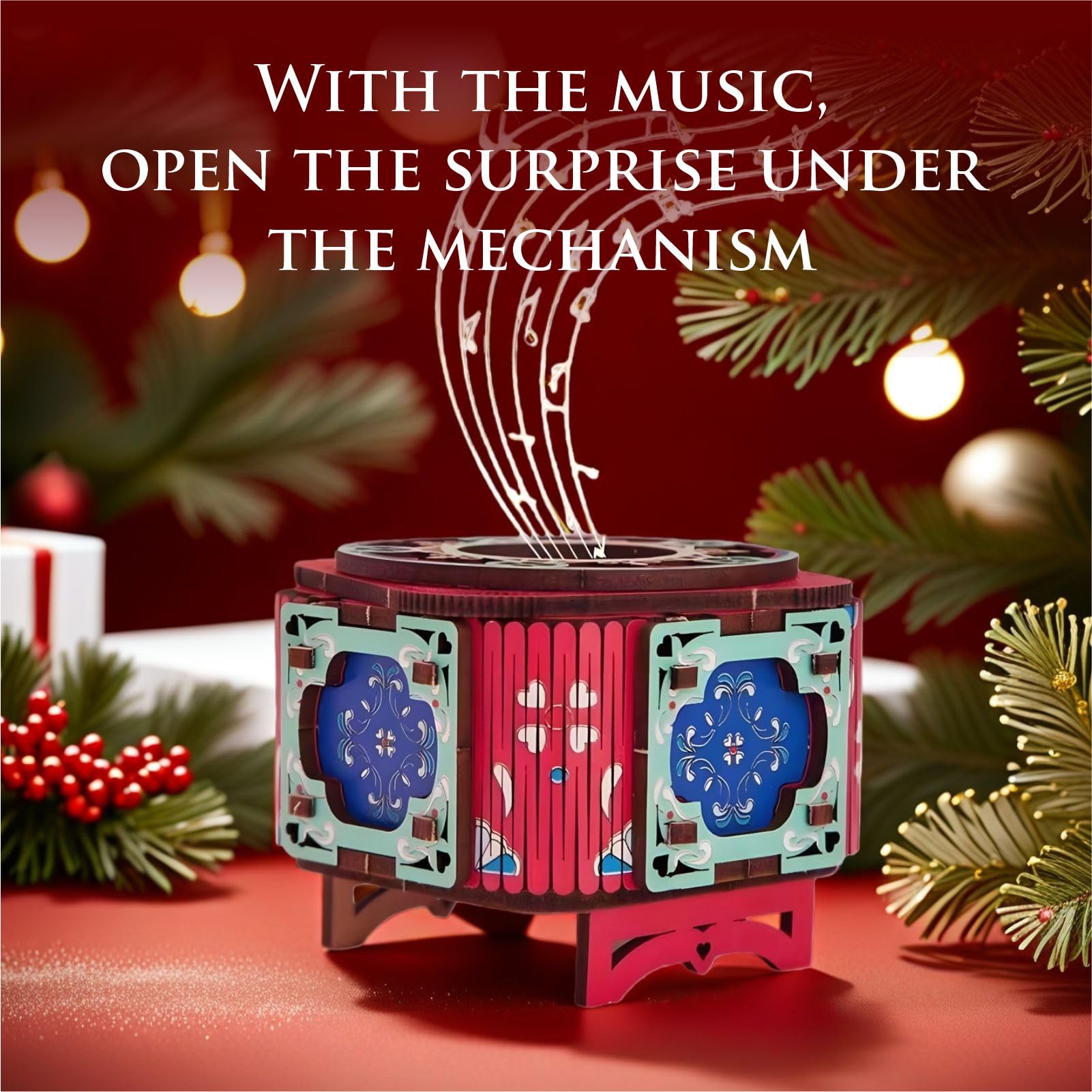3D Wooden Music Box with LED Light – DIY Mechanical Puzzle Kit, Handcrafted Jewelry Storage, Romantic Gift for Her or Him (Red) - Image 4