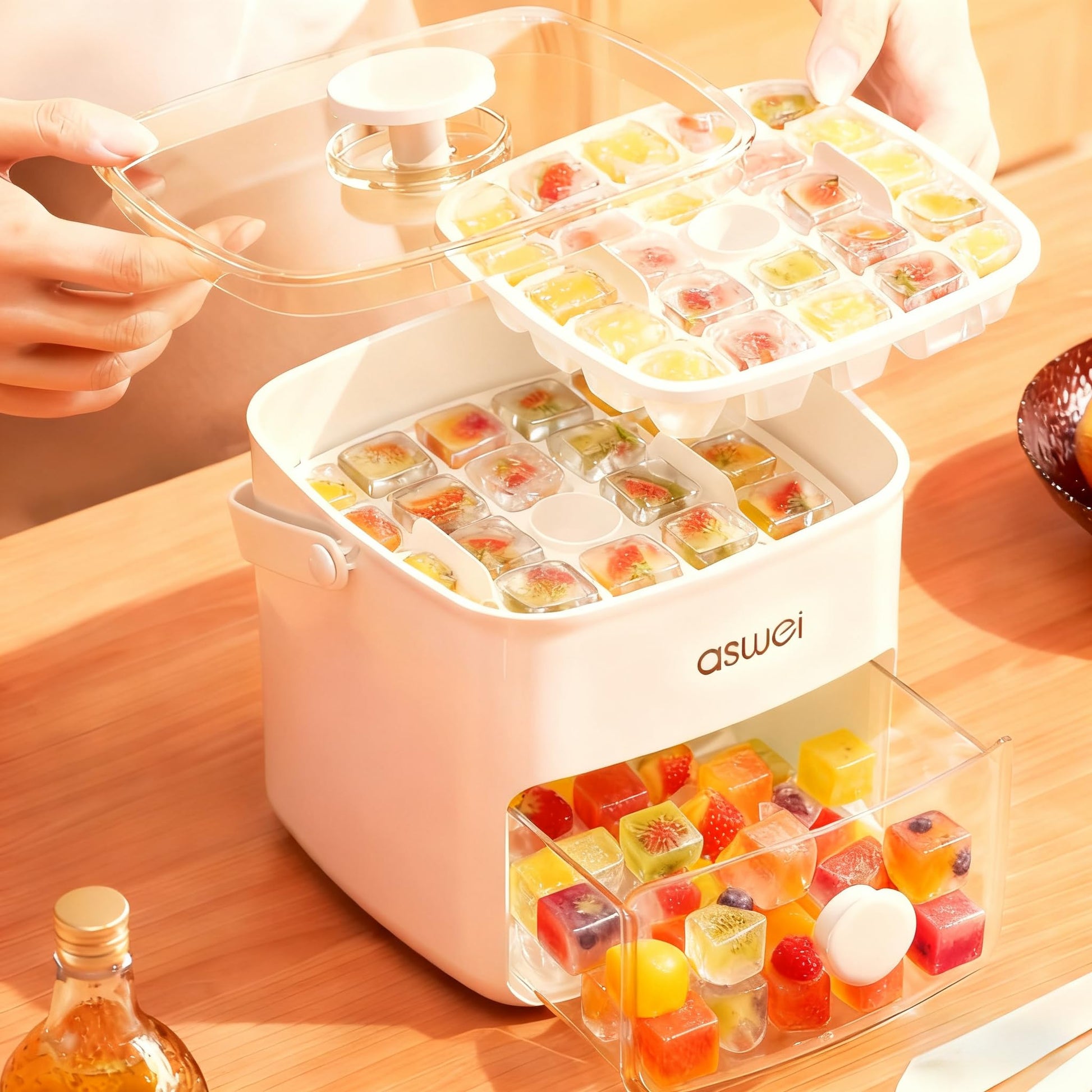 Portable Ice Cube Maker with Storage Drawer – BPA-Free, 48-Cube Capacity, Push-Release Tray & Transparent Lid for Cocktails, Coffee, Whiskey(White) - Image 2