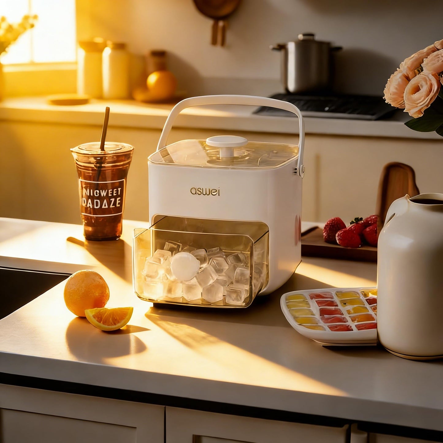 Portable Ice Cube Maker with Storage Drawer – BPA-Free, 48-Cube Capacity, Push-Release Tray & Transparent Lid for Cocktails, Coffee, Whiskey(White) - Image 5
