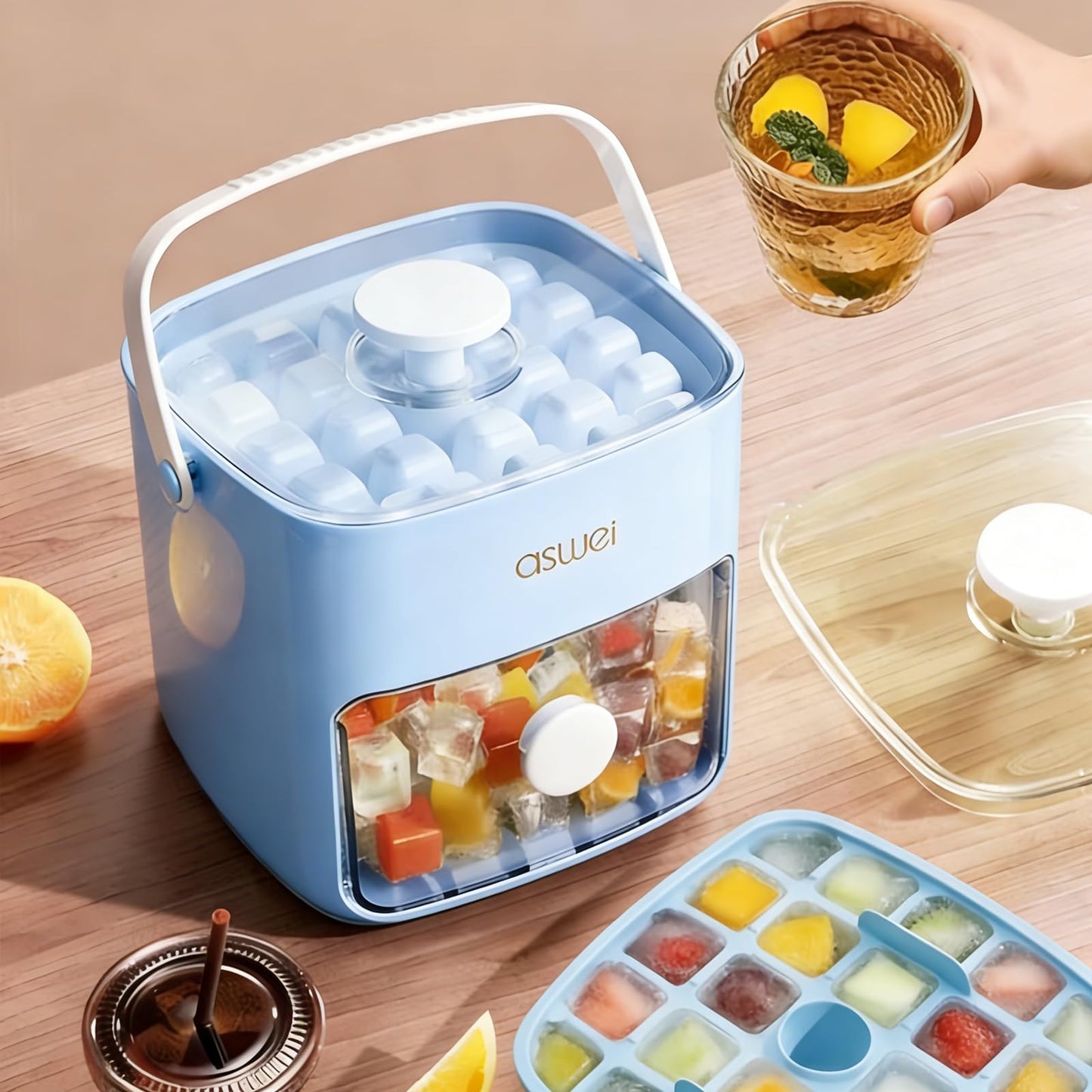 Portable Ice Cube Maker with Storage Drawer – BPA-Free, 48-Cube Capacity, Push-Release Tray & Transparent Lid for Cocktails, Coffee, Whiskey(Blue) - Image 2