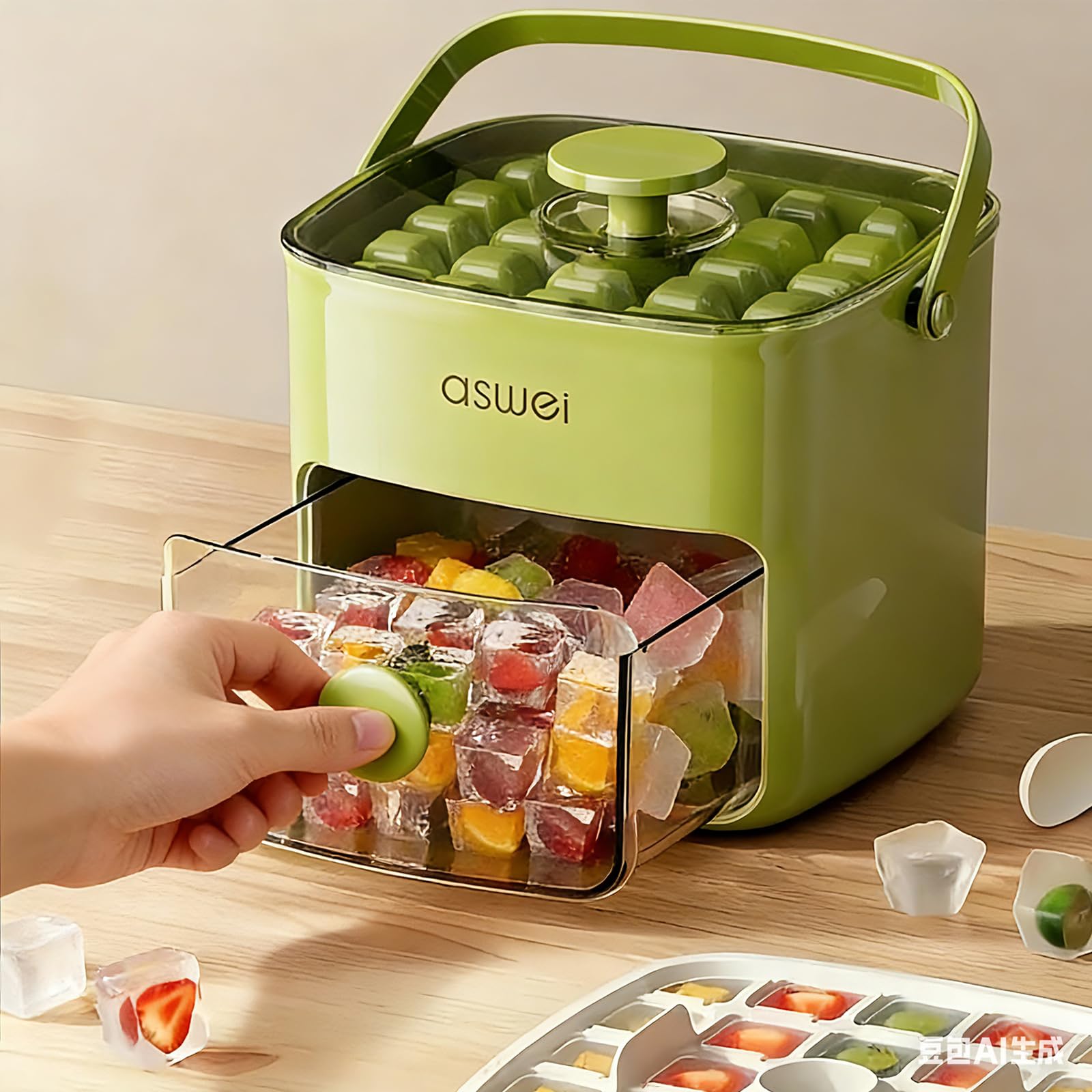 Portable Ice Cube Maker with Storage Drawer – BPA-Free, 48-Cube Capacity, Push-Release Tray & Transparent Lid for Cocktails, Coffee, Whiskey(Green) - Image 3