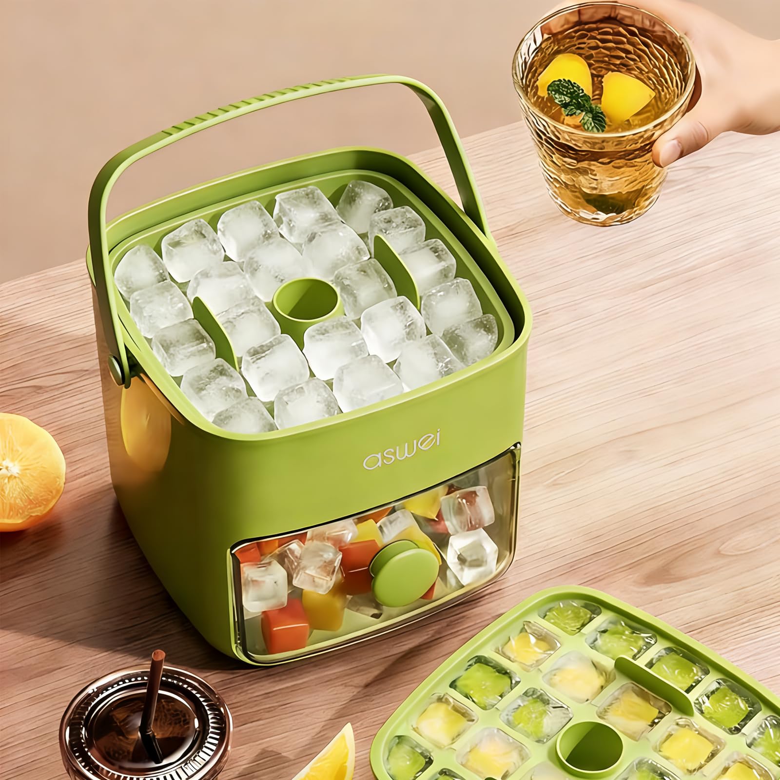Portable Ice Cube Maker with Storage Drawer – BPA-Free, 48-Cube Capacity, Push-Release Tray & Transparent Lid for Cocktails, Coffee, Whiskey(Green) - Image 4