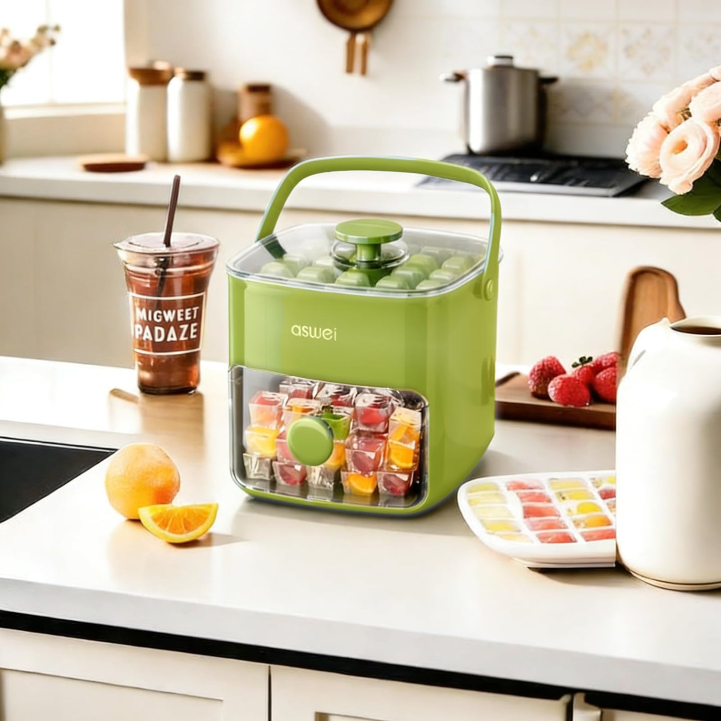 Portable Ice Cube Maker with Storage Drawer – BPA-Free, 48-Cube Capacity, Push-Release Tray & Transparent Lid for Cocktails, Coffee, Whiskey(Green) - Image 5