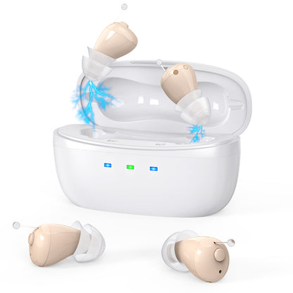 Rechargeable Behind-the-Ear Hearing Aids with Charging Case – Compact Sound Amplifier for Adults & Seniors with Memory Volume (White Case, Skin Tone Device)