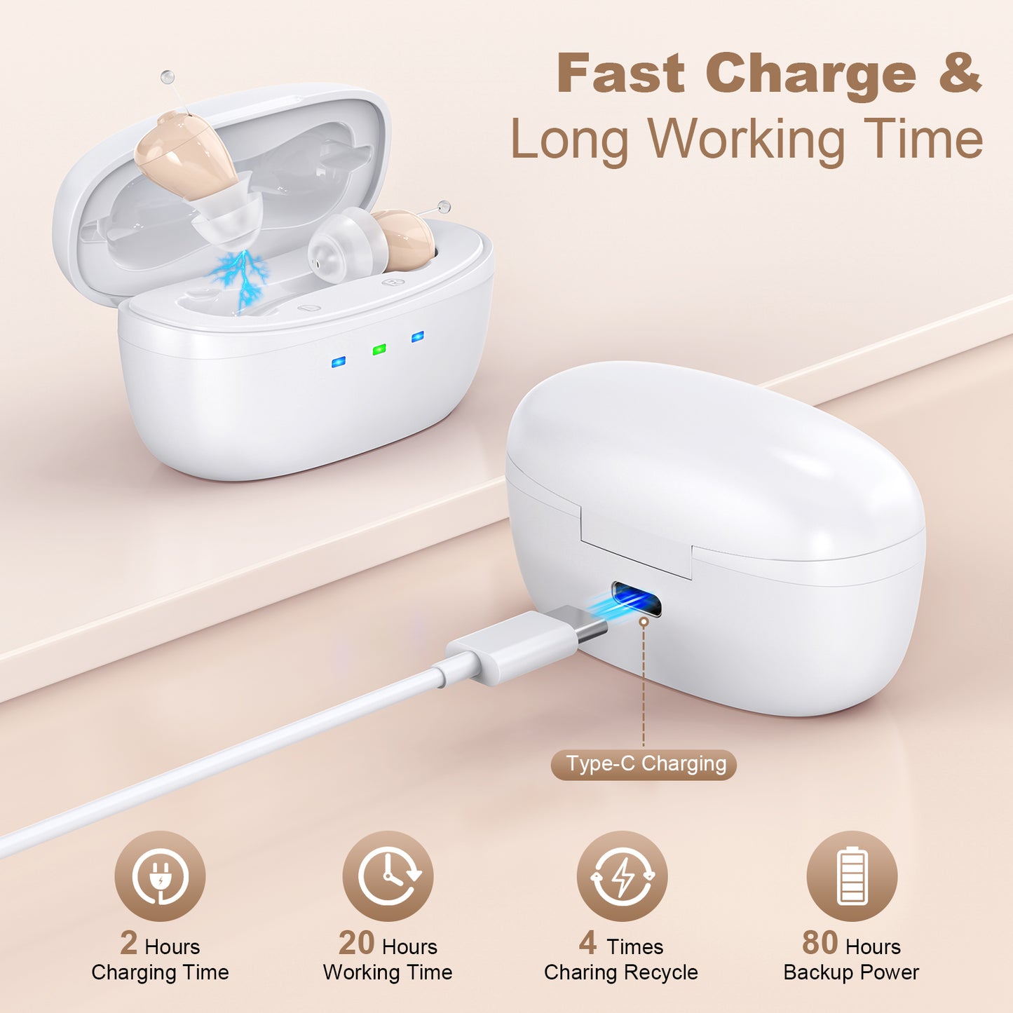 Rechargeable Behind-the-Ear Hearing Aids with Charging Case – Compact Sound Amplifier for Adults & Seniors with Memory Volume (White Case, Skin Tone Device) - Image 3