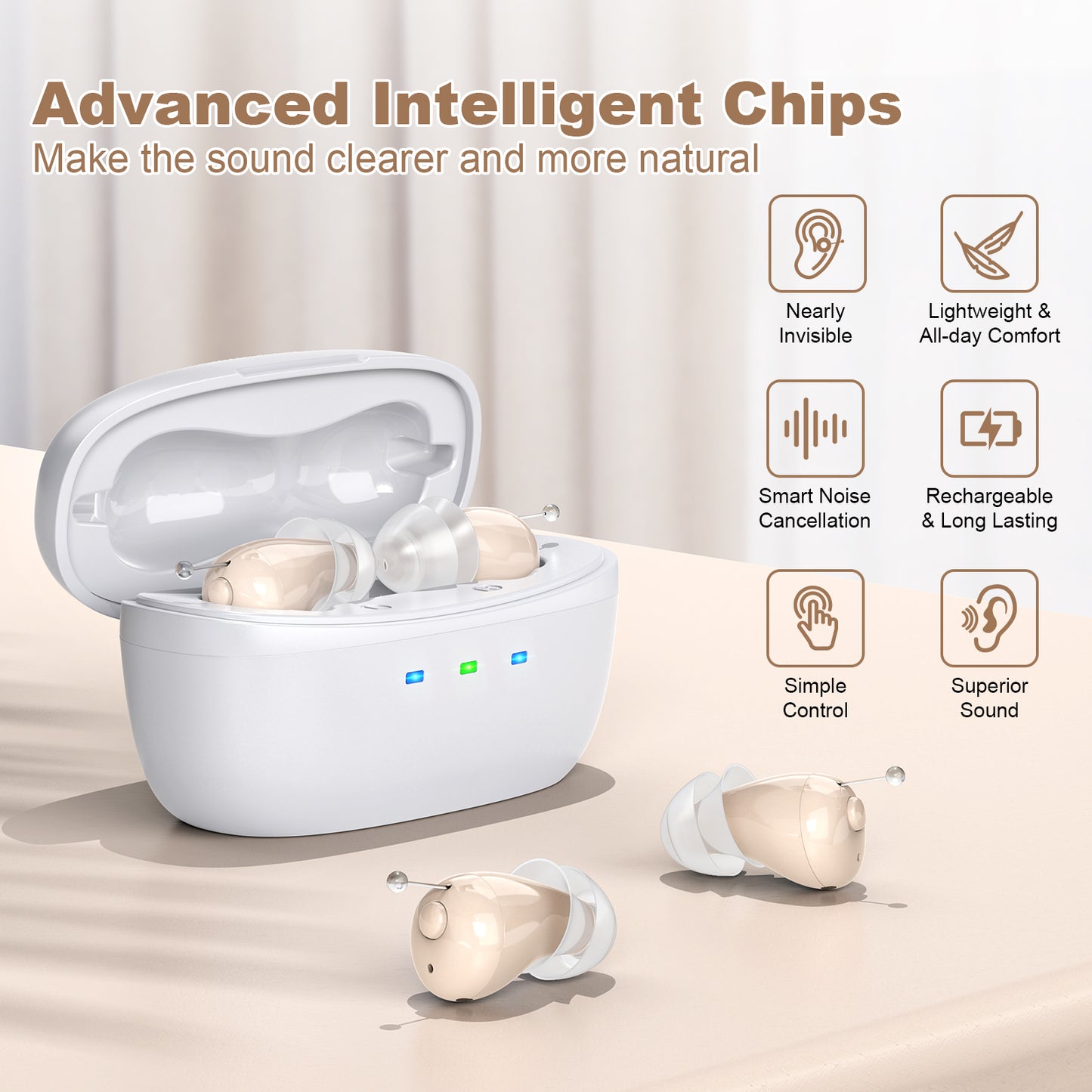 Rechargeable Behind-the-Ear Hearing Aids with Charging Case – Compact Sound Amplifier for Adults & Seniors with Memory Volume (White Case, Skin Tone Device) - Image 4