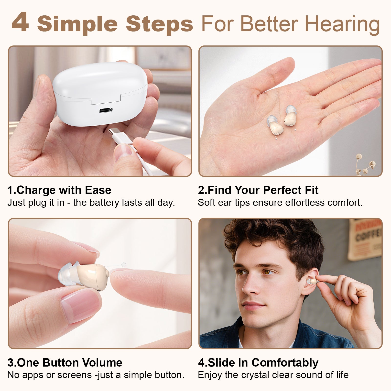 Rechargeable Behind-the-Ear Hearing Aids with Charging Case – Compact Sound Amplifier for Adults & Seniors with Memory Volume (White Case, Skin Tone Device) - Image 6