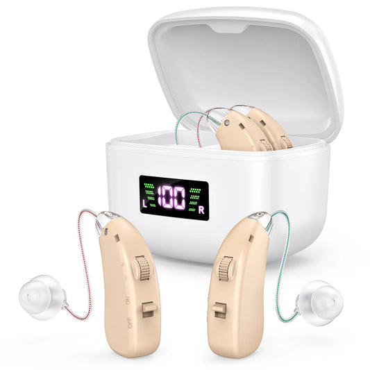 Rechargeable Behind-the-Ear Hearing Aids with Charging Case & LCD Display – Compact Sound Amplifier for Adults and Seniors (White Case, Skin Tone Device)