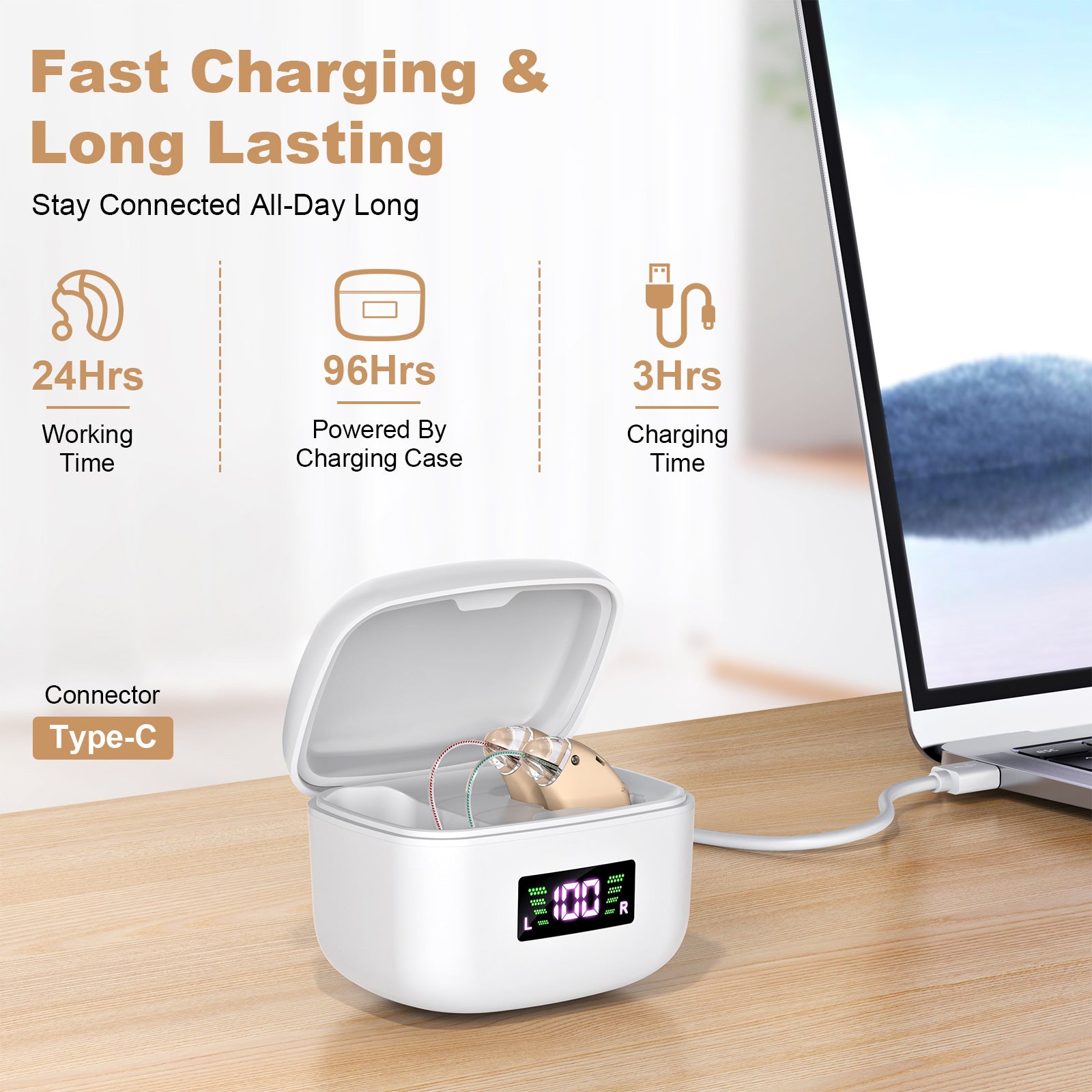 Rechargeable Behind-the-Ear Hearing Aids with Charging Case & LCD Display – Compact Sound Amplifier for Adults and Seniors (White Case, Skin Tone Device) - Image 3