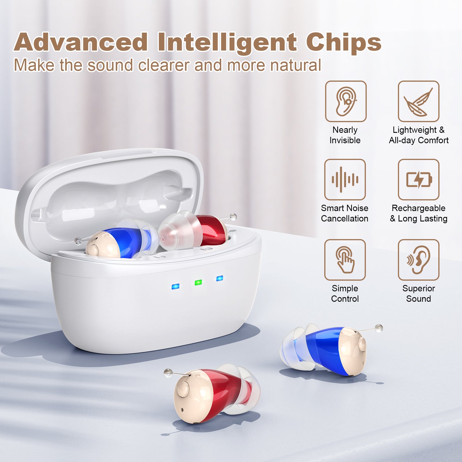 Rechargeable Behind-the-Ear Hearing Aids with Charging Case – Compact Sound Amplifier for Adults & Seniors with Memory Volume (White Case, Red & Blue Device) - Image 4