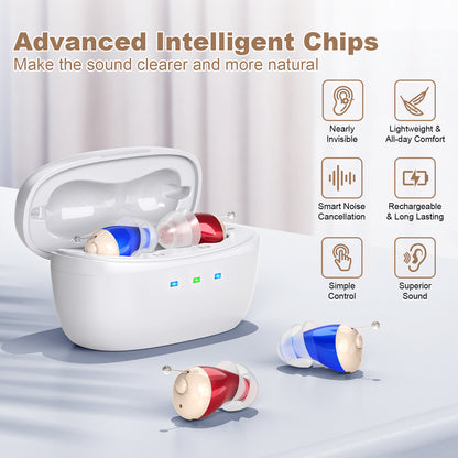 Rechargeable Behind-the-Ear Hearing Aids with Charging Case – Compact Sound Amplifier for Adults & Seniors with Memory Volume (White Case, Red & Blue Device) - Image 4