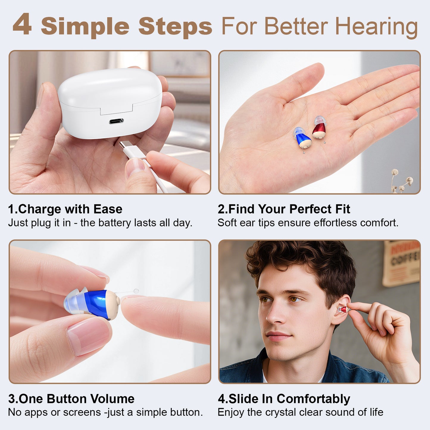 Rechargeable Behind-the-Ear Hearing Aids with Charging Case – Compact Sound Amplifier for Adults & Seniors with Memory Volume (White Case, Red & Blue Device) - Image 6