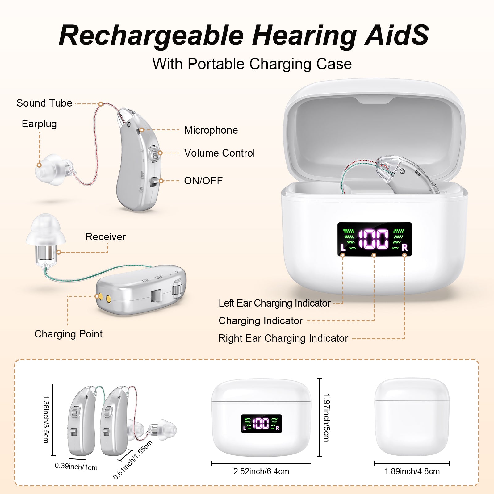 Rechargeable Behind-the-Ear Hearing Aids with Charging Case & LCD Display – Compact Sound Amplifier for Adults and Seniors (White Case, Silver Device) - Image 2