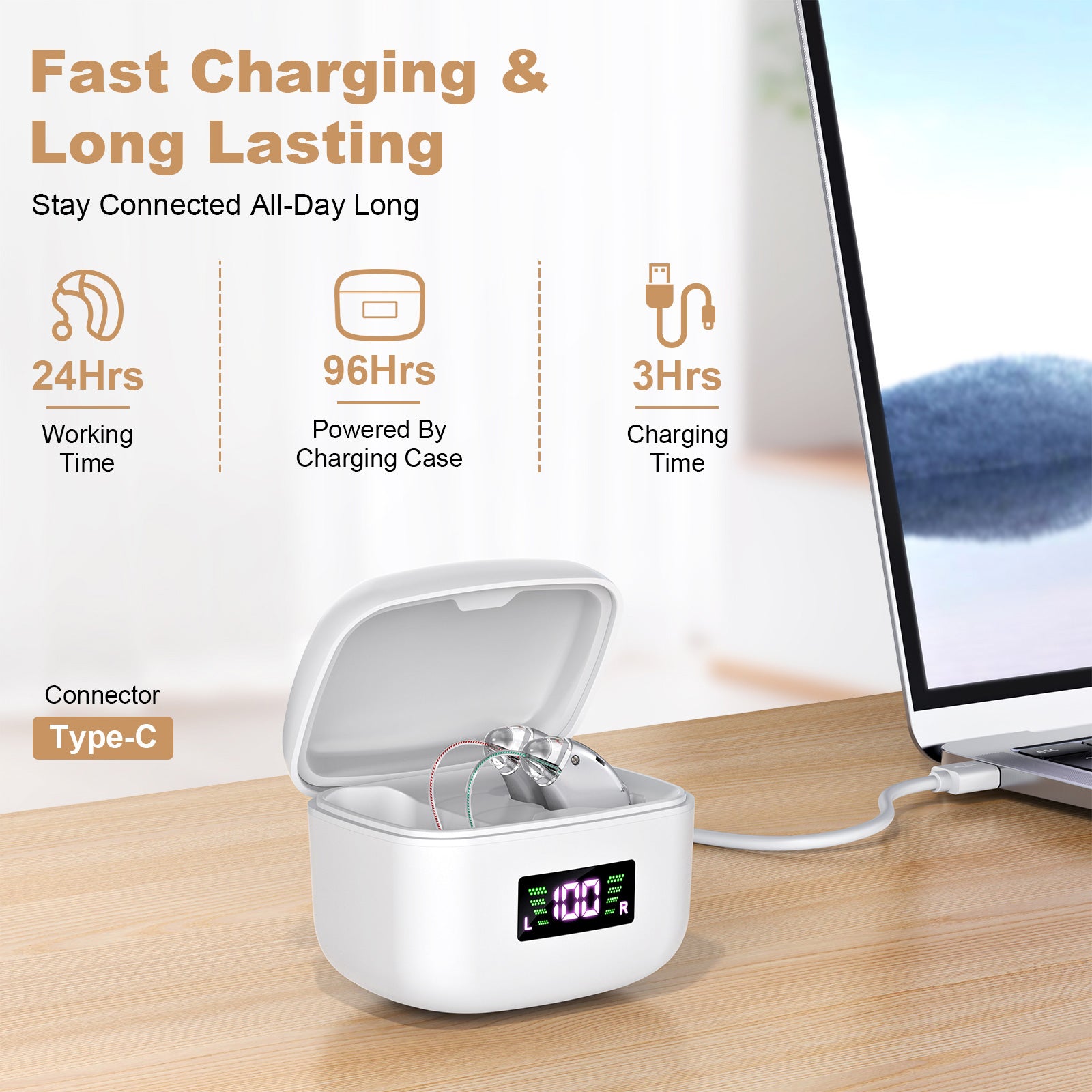 Rechargeable Behind-the-Ear Hearing Aids with Charging Case & LCD Display – Compact Sound Amplifier for Adults and Seniors (White Case, Silver Device) - Image 3