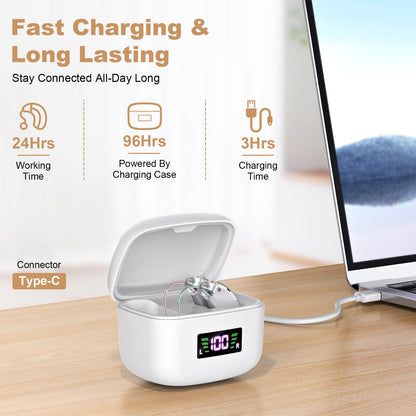 Rechargeable Behind-the-Ear Hearing Aids with Charging Case & LCD Display – Compact Sound Amplifier for Adults and Seniors (White Case, Silver Device) - Image 3