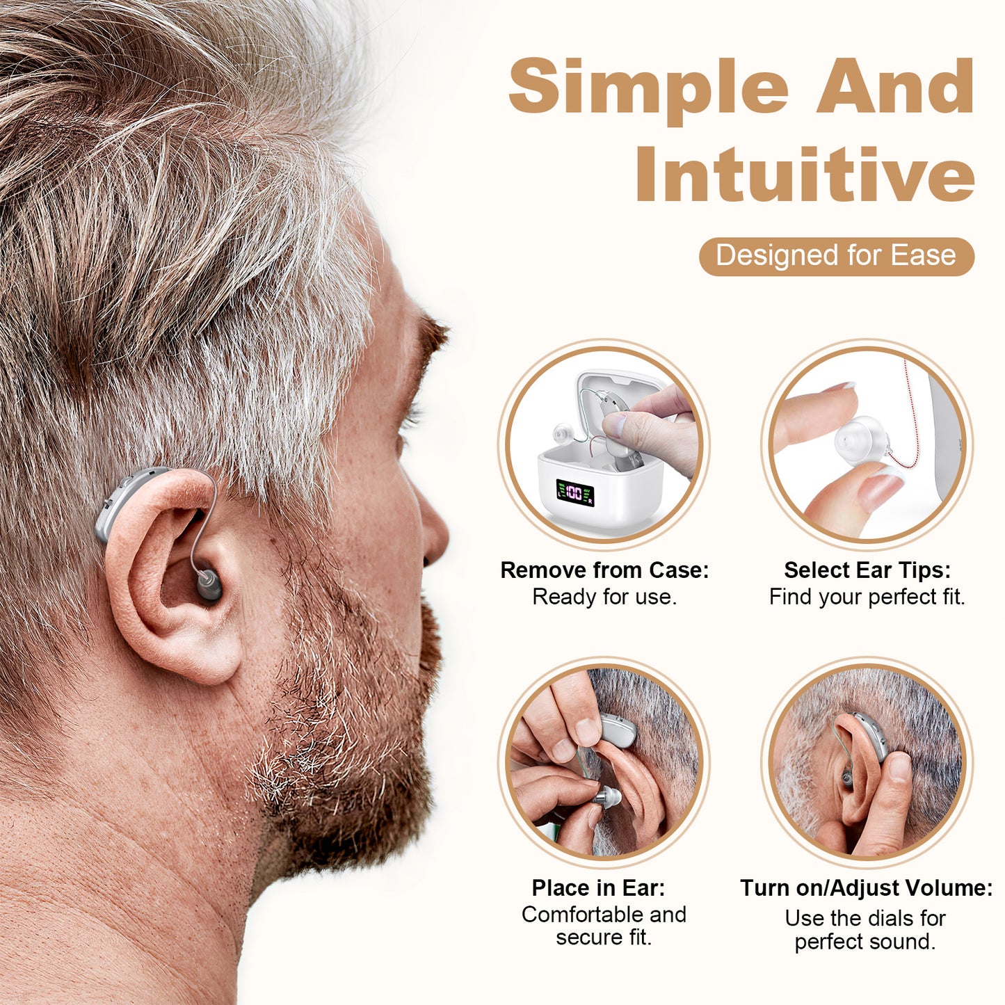 Rechargeable Behind-the-Ear Hearing Aids with Charging Case & LCD Display – Compact Sound Amplifier for Adults and Seniors (White Case, Silver Device) - Image 5