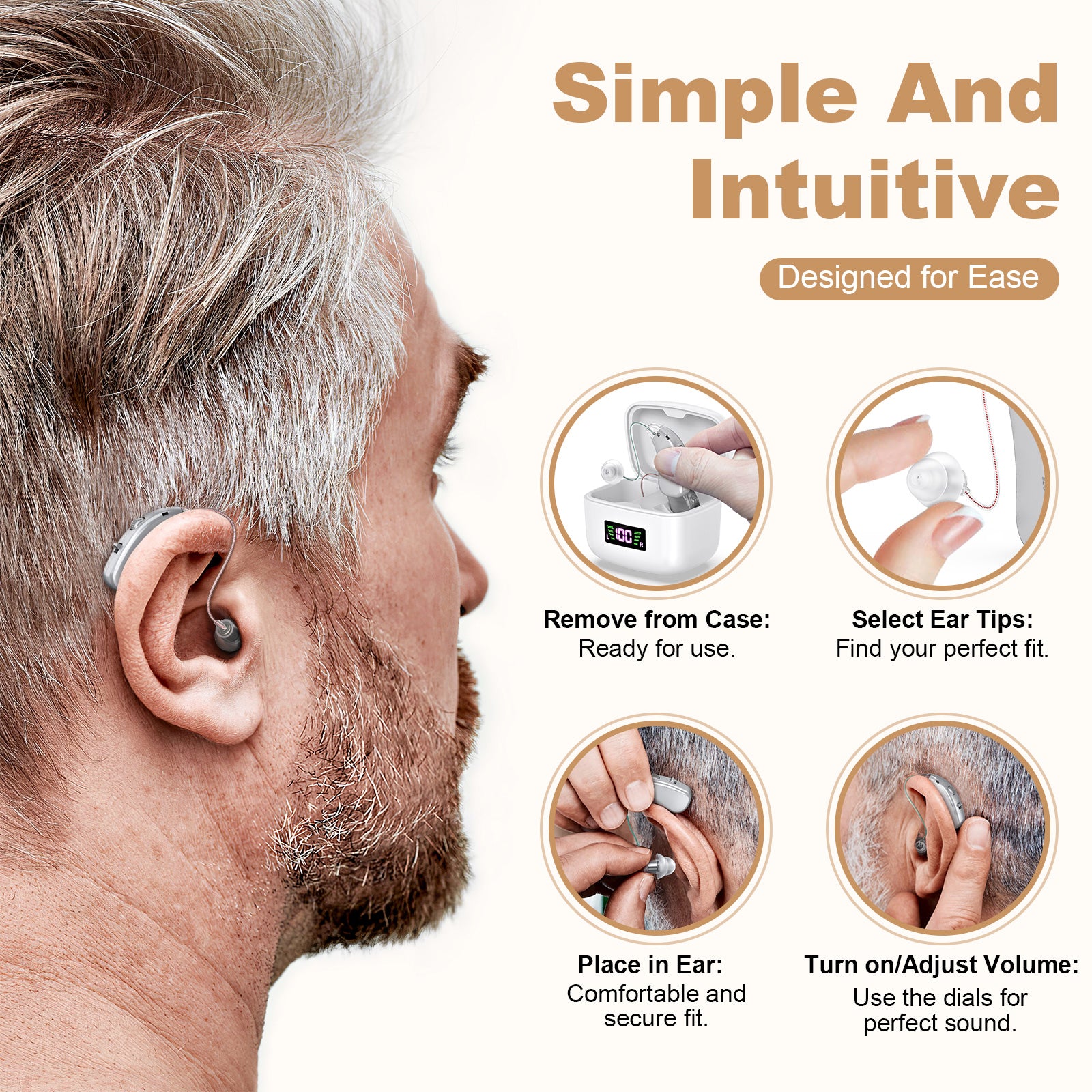 Rechargeable Behind-the-Ear Hearing Aids with Charging Case & LCD Display – Compact Sound Amplifier for Adults and Seniors (White Case, Silver Device) - Image 5
