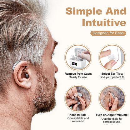 Rechargeable Behind-the-Ear Hearing Aids with Charging Case & LCD Display – Compact Sound Amplifier for Adults and Seniors (White Case, Silver Device) - Image 5