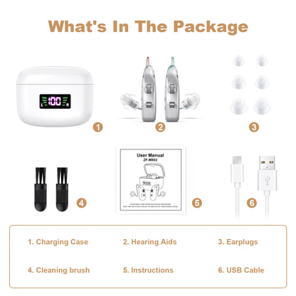 Rechargeable Behind-the-Ear Hearing Aids with Charging Case & LCD Display – Compact Sound Amplifier for Adults and Seniors (White Case, Silver Device) - Image 8