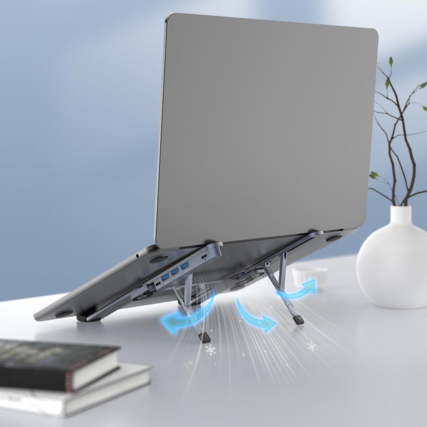 Adjustable Laptop Stand with USB Hub – Aluminum Foldable Riser for Home Office, Gaming, Travel & Business Use, Ergonomic Cooling Desk Mount (Black) - Image 9