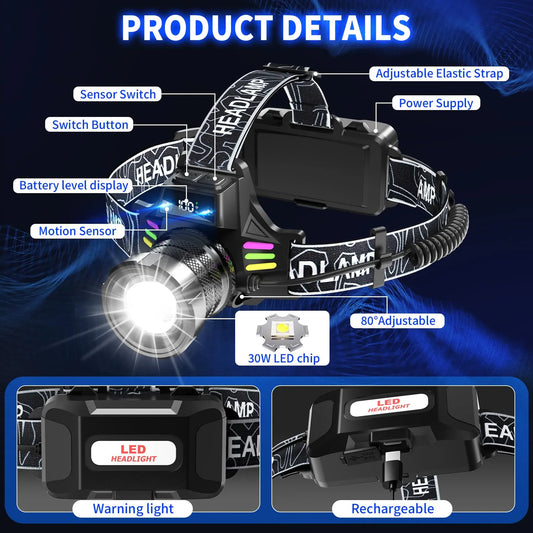 Bright LED Headlamp with Digital Display & Motion Sensor – Rechargeable 3500 Lumens Flashlight for Camping, Hiking, Fishing, and Night Running (Black)  - Image 2