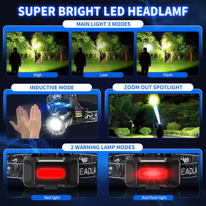 Bright LED Headlamp with Digital Display & Motion Sensor – Rechargeable 3500 Lumens Flashlight for Camping, Hiking, Fishing, and Night Running (Black)  - Image 4