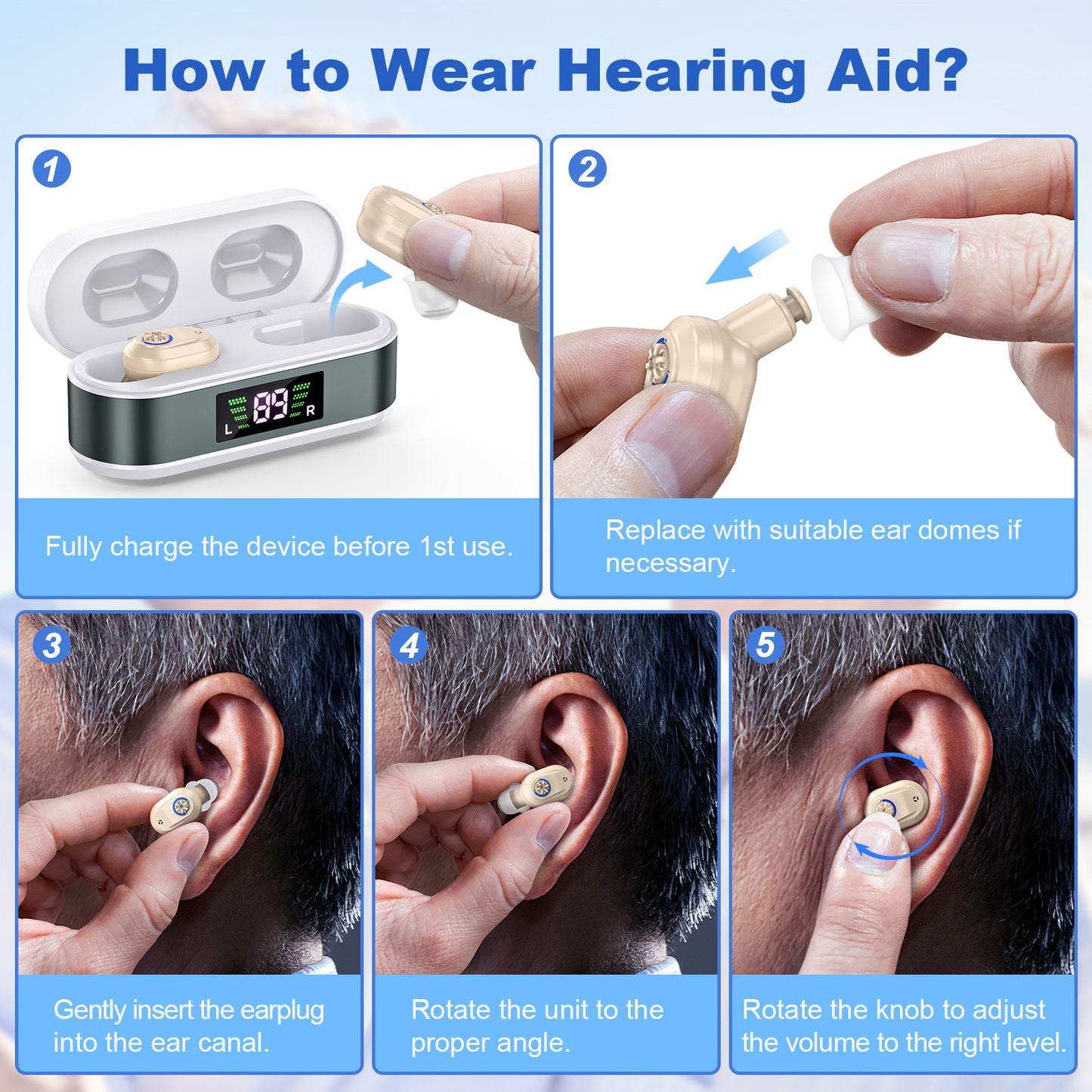 Rechargeable In-the-Ear Hearing Aids with Charging Case and LCD Display – Ultra-Compact Sound Amplifier for Seniors (White & Green Case, Skin Tone Device) - Image 4