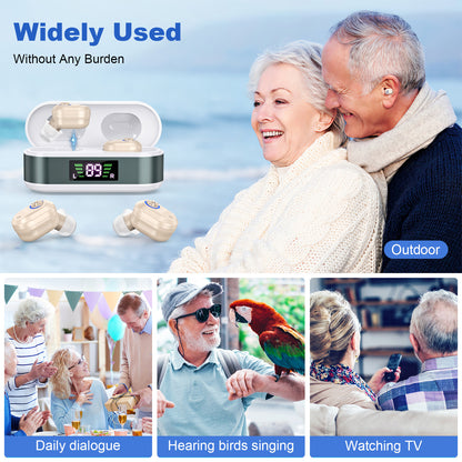 Rechargeable In-the-Ear Hearing Aids with Charging Case and LCD Display – Ultra-Compact Sound Amplifier for Seniors (White & Green Case, Skin Tone Device) - Image 6