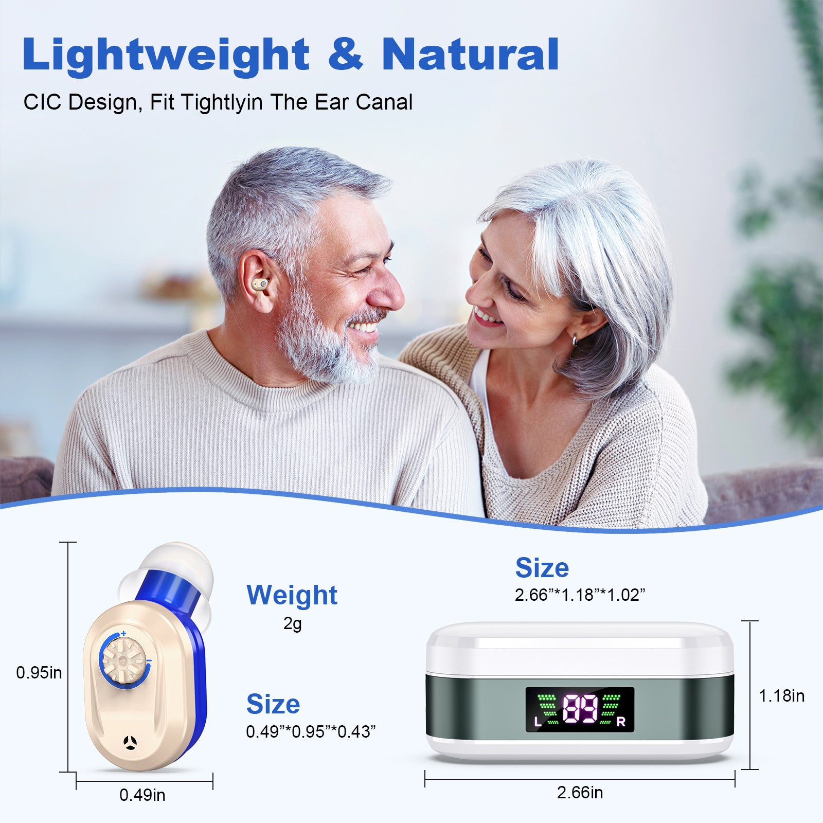 Rechargeable In-the-Ear Hearing Aids with Charging Case and LCD Display – Ultra-Compact Sound Amplifier for Seniors (White & Green Case, Red & Blue Device) - Image 3