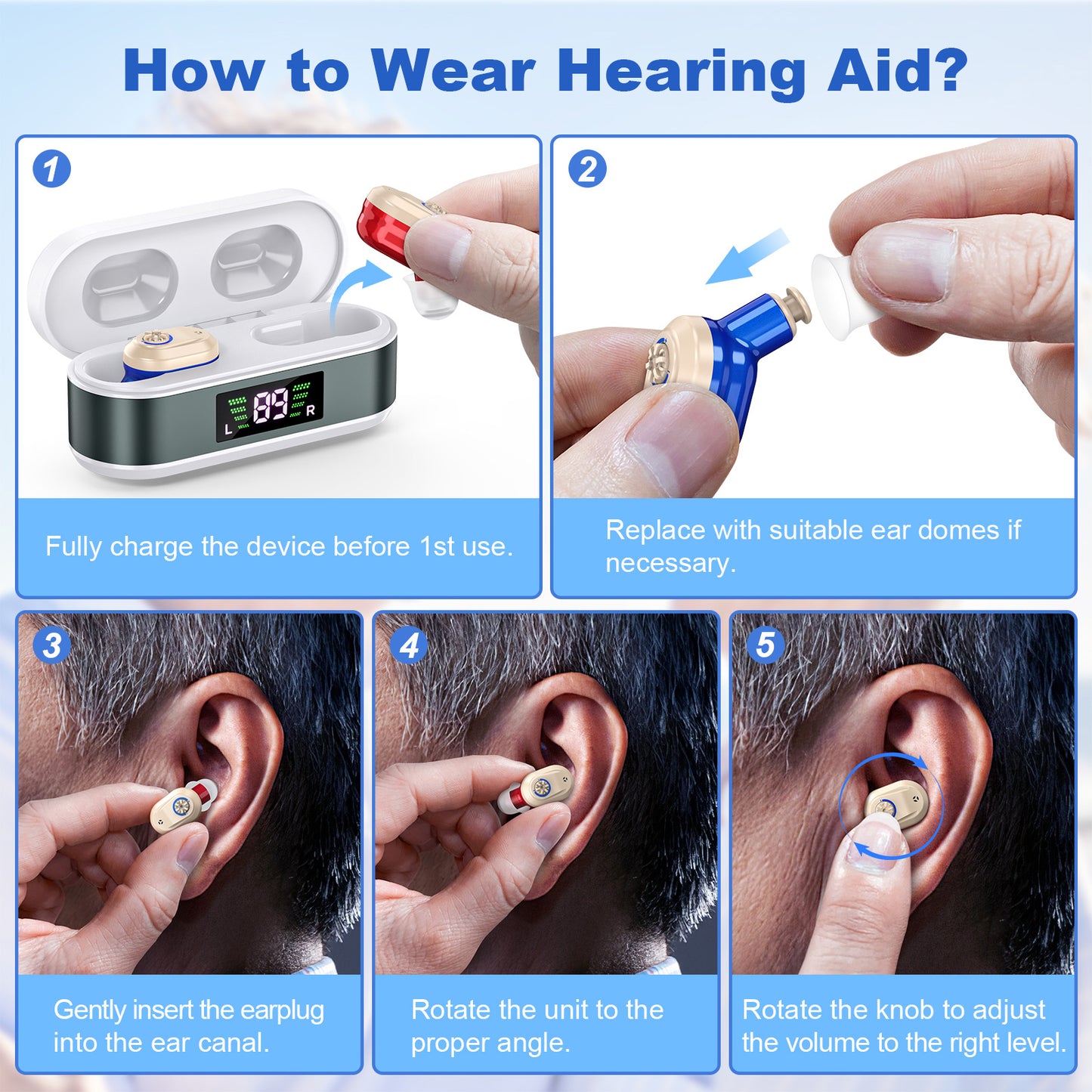 Rechargeable In-the-Ear Hearing Aids with Charging Case and LCD Display – Ultra-Compact Sound Amplifier for Seniors (White & Green Case, Red & Blue Device) - Image 4