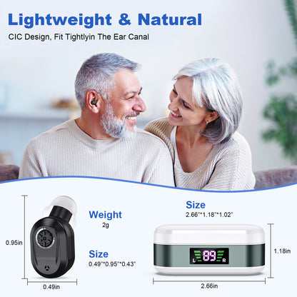 Rechargeable In-the-Ear Hearing Aids with Charging Case and LCD Display – Ultra-Compact Sound Amplifier for Seniors (White & Green Case, Black Device) - Image 3